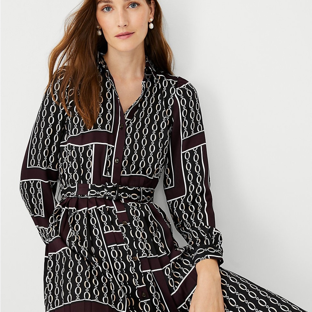 NWT Ann Taylor chain print pleated shirt dress with belt small